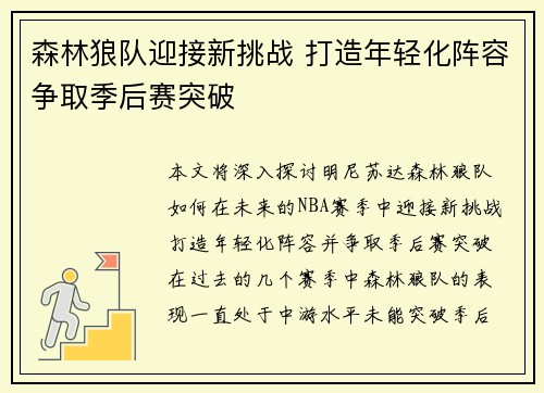 森林狼队迎接新挑战 打造年轻化阵容争取季后赛突破